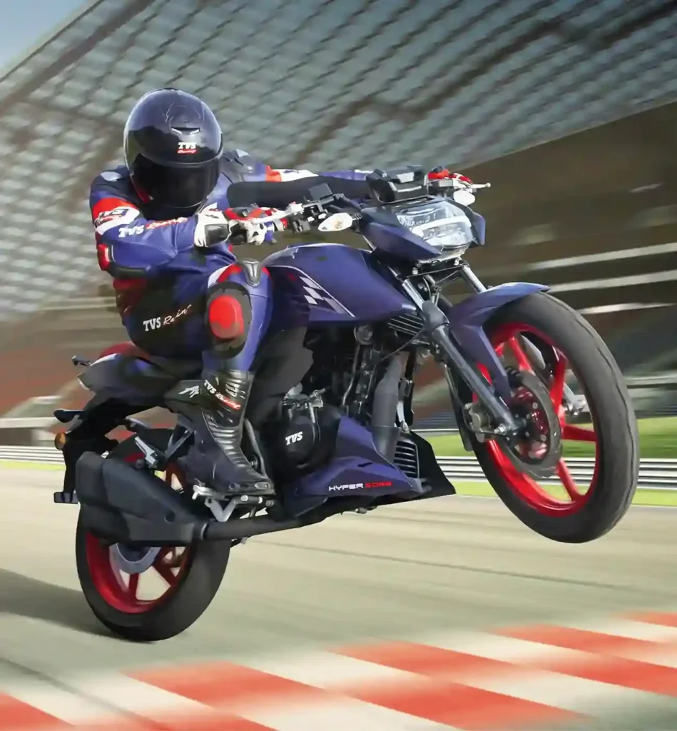 Side view of the TVS Apache RTR 160 4V in Racing Red.