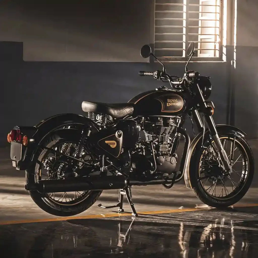 Rear view of the Royal Enfield Classic 350 showing its sturdy build and unique tail light.