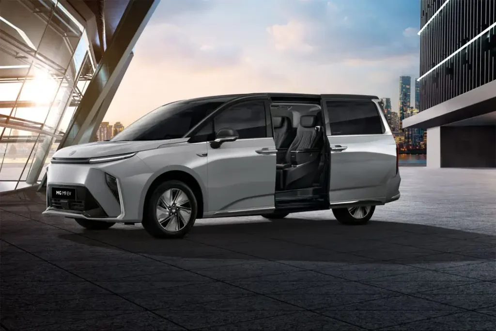 Spacious interior cabin of the MG M9 EV with three-row seating and premium upholstery.