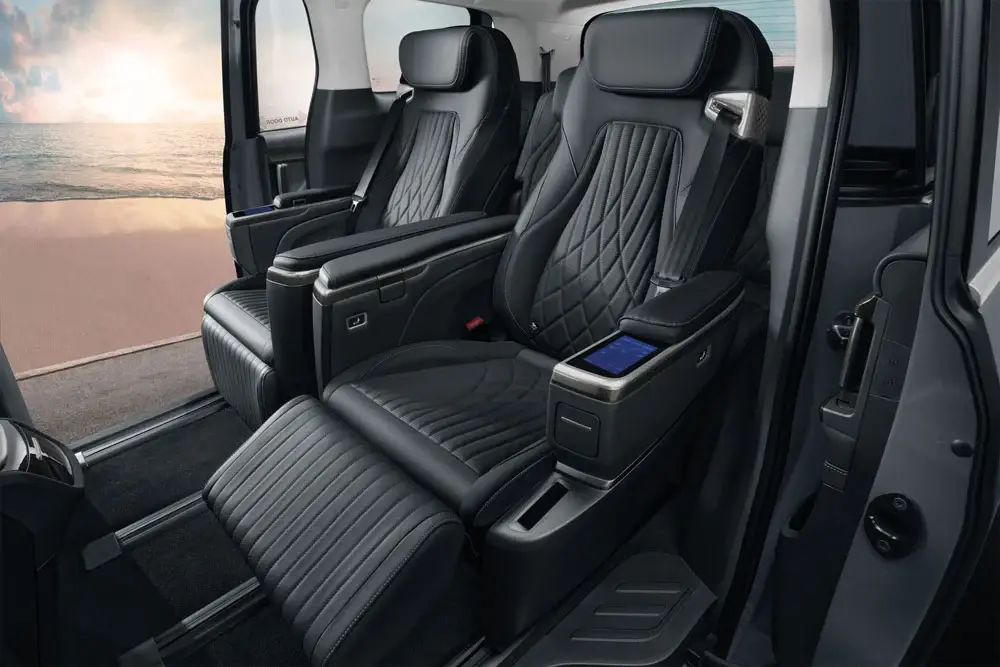 Plush leather seats in the MG M9 EV's interior cabin.