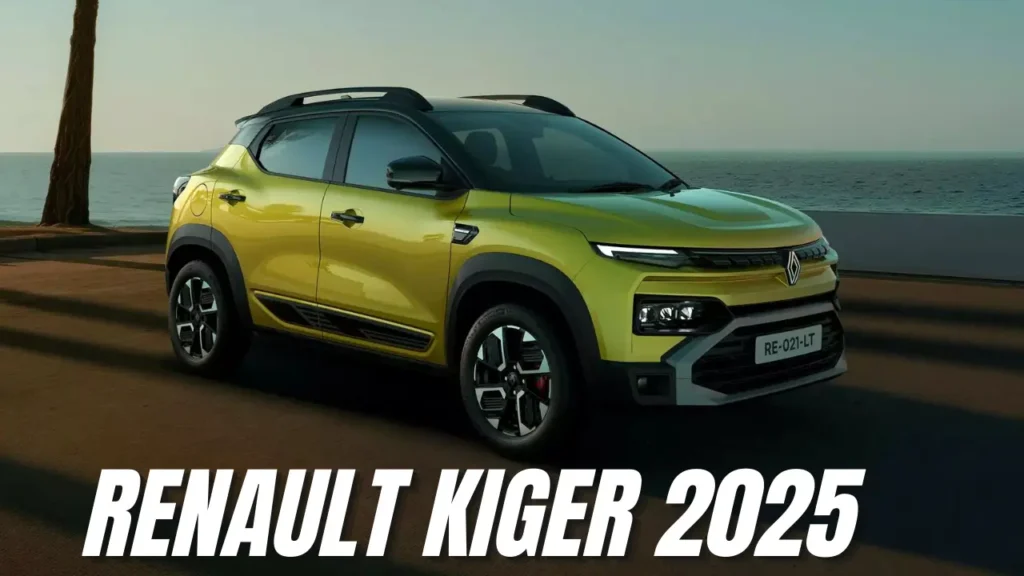 Front three-quarter view of a red Renault Kiger 2025 Facelift parked on a city street